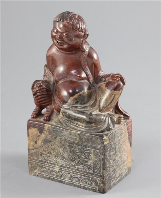 A good large Chinese soapstone seal, 19th century, height 17.3cm